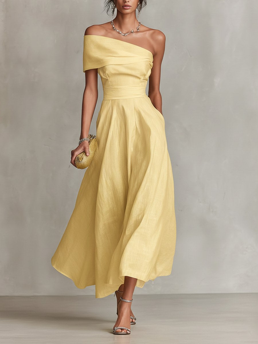 Summer | Women's Yellow Linen One-Shoulder Midi Dress - Yellow