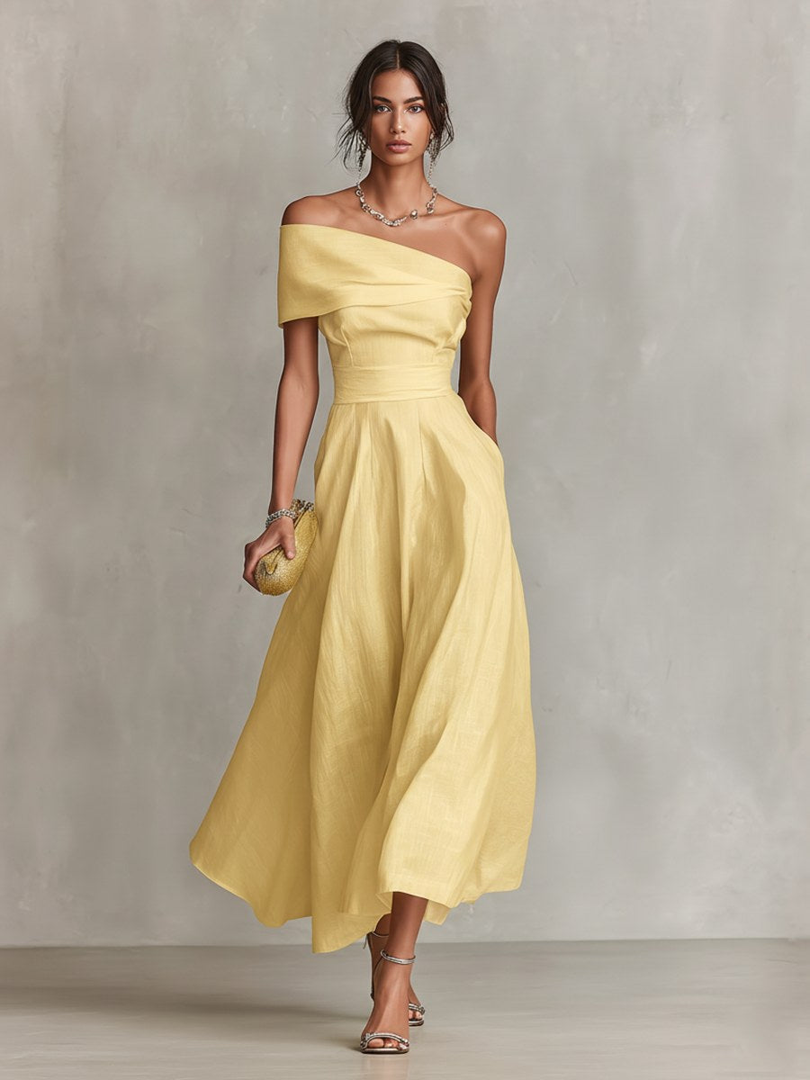 Summer | Women's Yellow Linen One-Shoulder Midi Dress - image 2