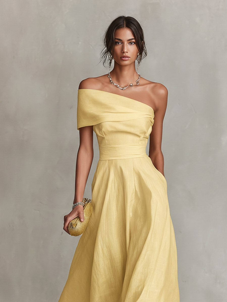 Summer | Women's Yellow Linen One-Shoulder Midi Dress - image 3