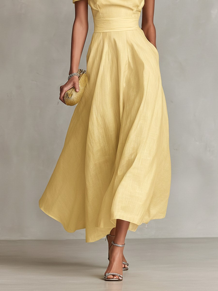 Summer | Women's Yellow Linen One-Shoulder Midi Dress - image 4