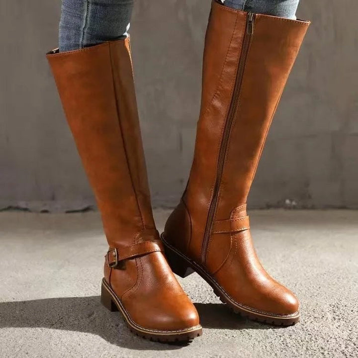 Sylvia | Women's Orthopedic Leather Knee-High Boots, Block Heel Autumn Boots | Animated Apparel | Light Brown