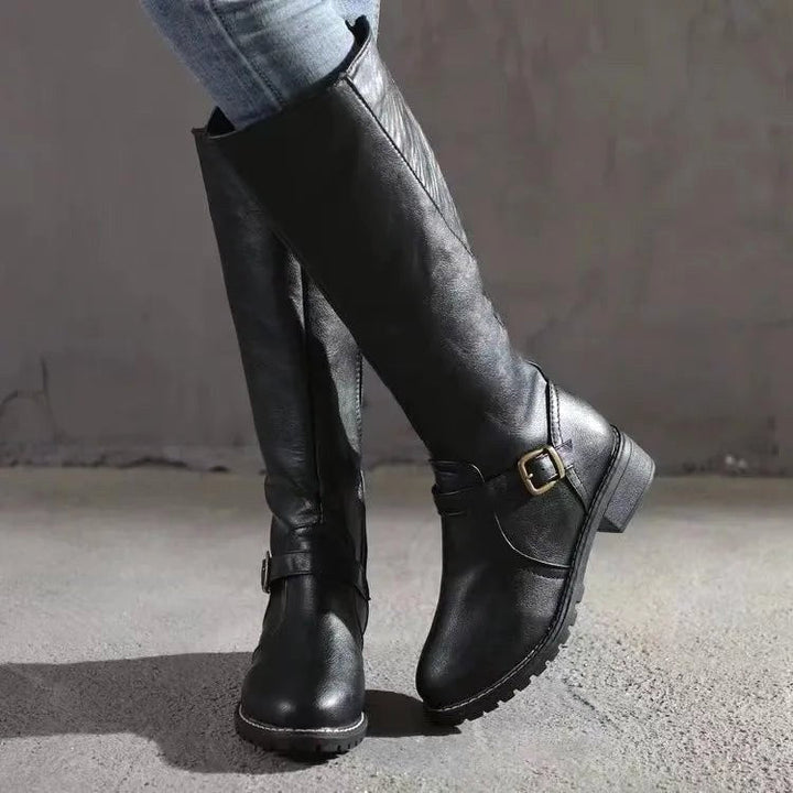 Sylvia | Women's Orthopedic Leather Knee-High Boots, Block Heel Autumn Boots | Animated Apparel | DarkBrown