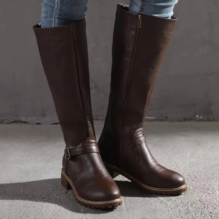 Sylvia | Women's Orthopedic Leather Knee-High Boots, Block Heel Autumn Boots | Animated Apparel | Black