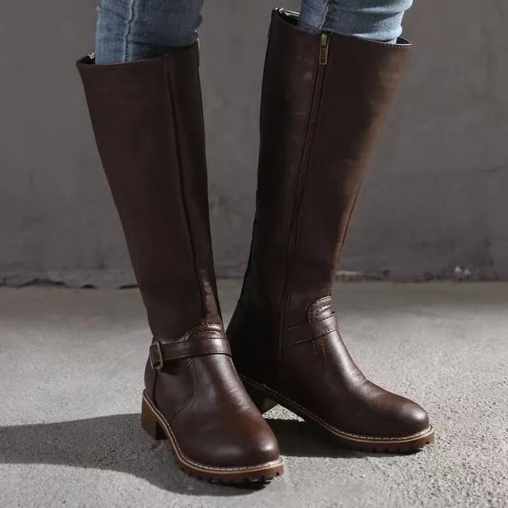 Sylvia | Women's Orthopedic Leather Knee-High Boots, Block Heel Autumn Boots | Animated Apparel | Black