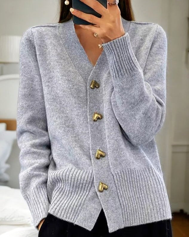 Sylvie | Women's V-Neck Button-Front Cardigan, Long Sleeve Ribbed Knit Cardigan | Animated Apparel | Grey