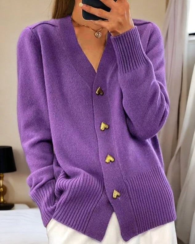 Sylvie | Women's V-Neck Button-Front Cardigan, Long Sleeve Ribbed Knit Cardigan | Animated Apparel | Violet