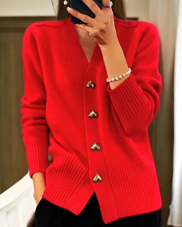 Sylvie | Women's V-Neck Button-Front Cardigan, Long Sleeve Ribbed Knit Cardigan | Animated Apparel | Red