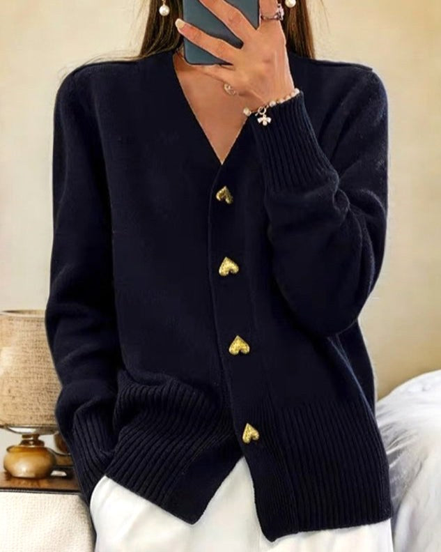 Sylvie | Women's V-Neck Button-Front Cardigan, Long Sleeve Ribbed Knit Cardigan | Animated Apparel | Black