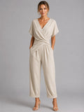 Sylvie | Women's Wrap-Front Two-Piece Set, Relaxed Cropped Trousers | Animated Apparel | Apricot