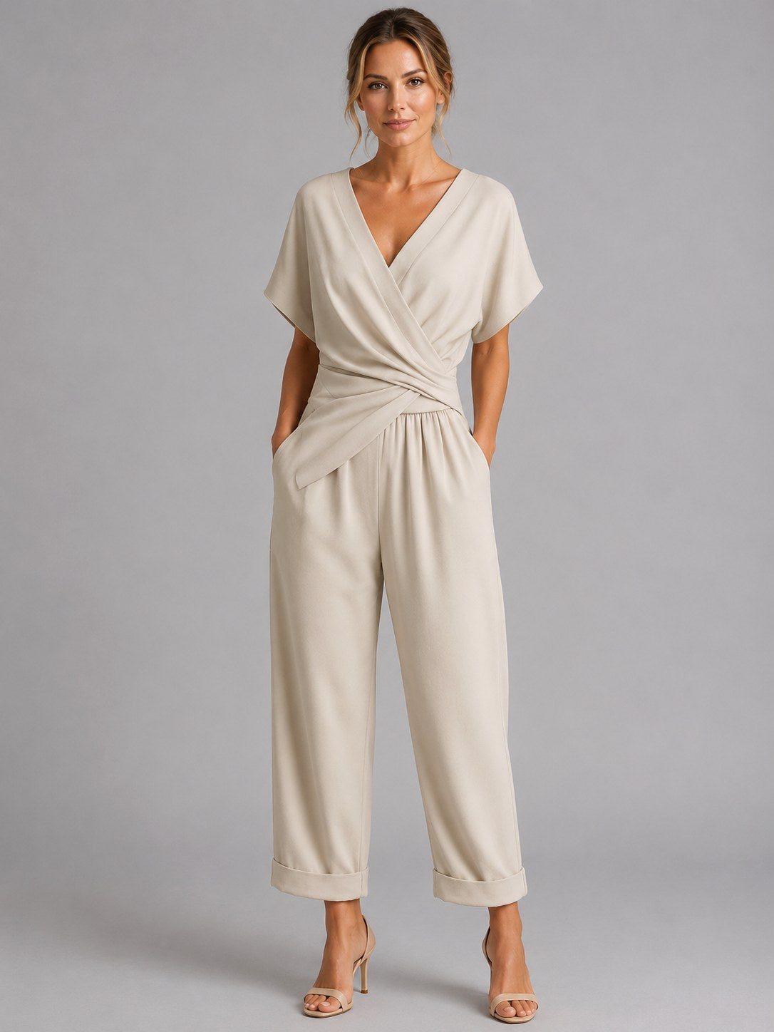 Sylvie | Women's Wrap-Front Two-Piece Set, Relaxed Cropped Trousers | Animated Apparel | Apricot