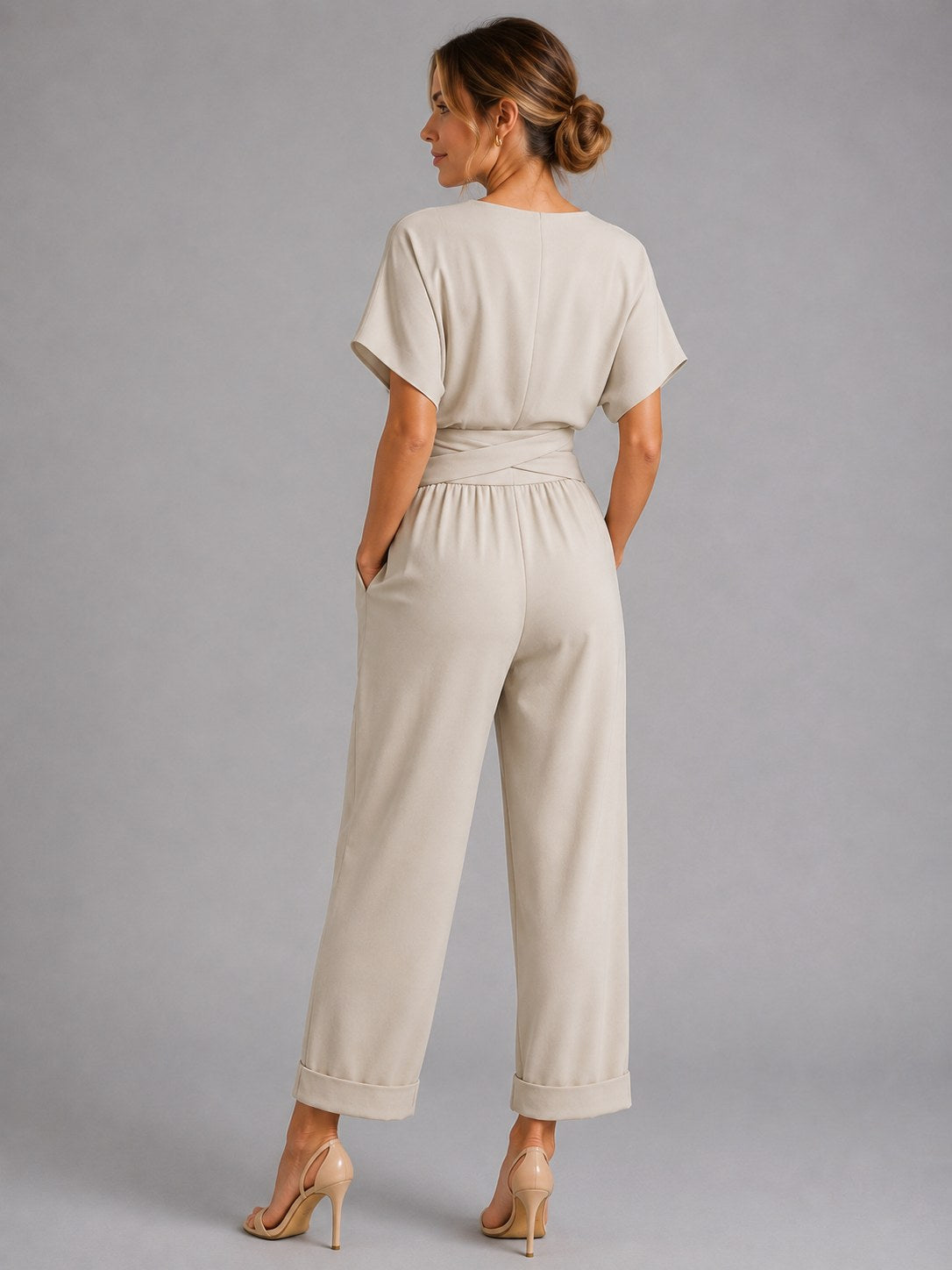 Sylvie | Women's Wrap-Front Two-Piece Set, Relaxed Cropped Trousers | Animated Apparel | Khaki