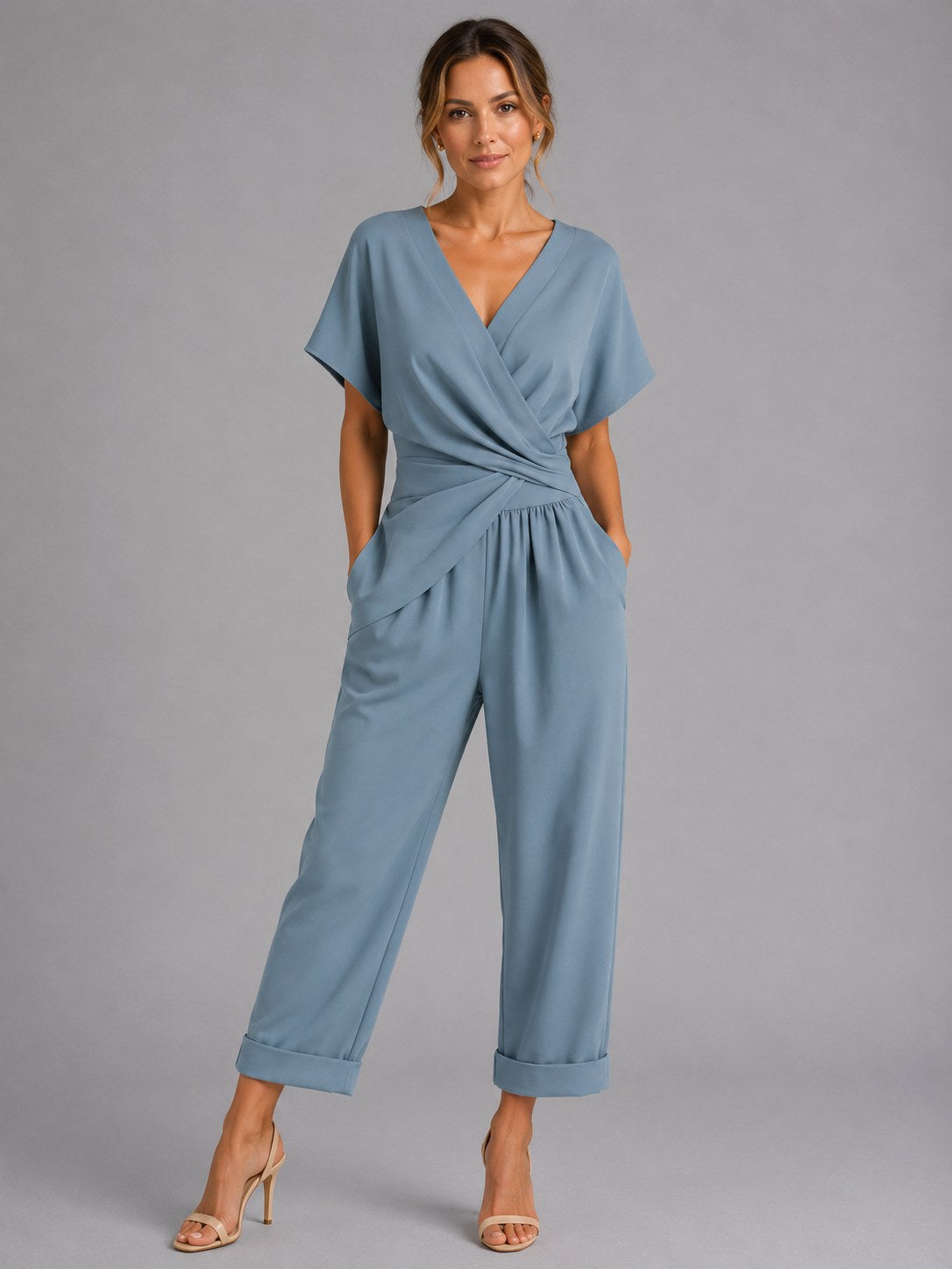 Sylvie | Women's Wrap-Front Two-Piece Set, Relaxed Cropped Trousers | Animated Apparel