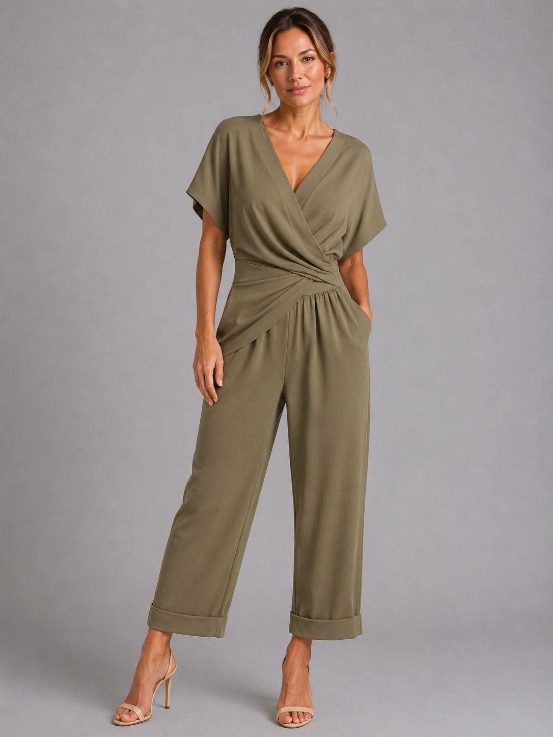 Sylvie | Women's Wrap-Front Two-Piece Set, Relaxed Cropped Trousers | Animated Apparel