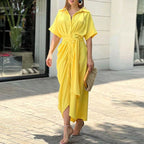 Taryn | Women's Wrap Short Sleeve Midi Dress - Yellow