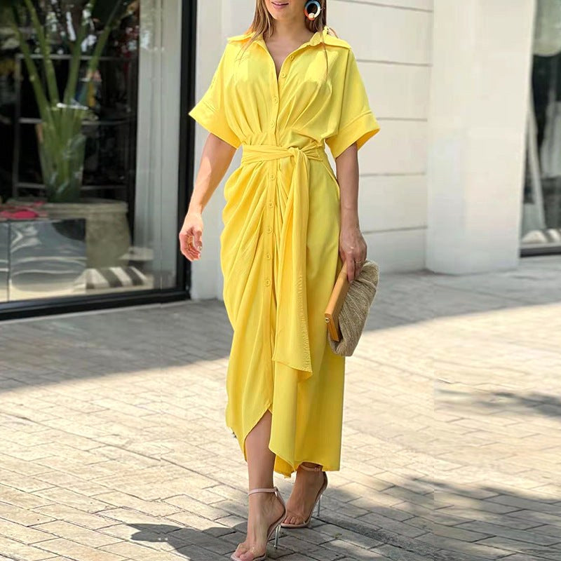 Taryn | Women's Wrap Short Sleeve Midi Dress - Yellow
