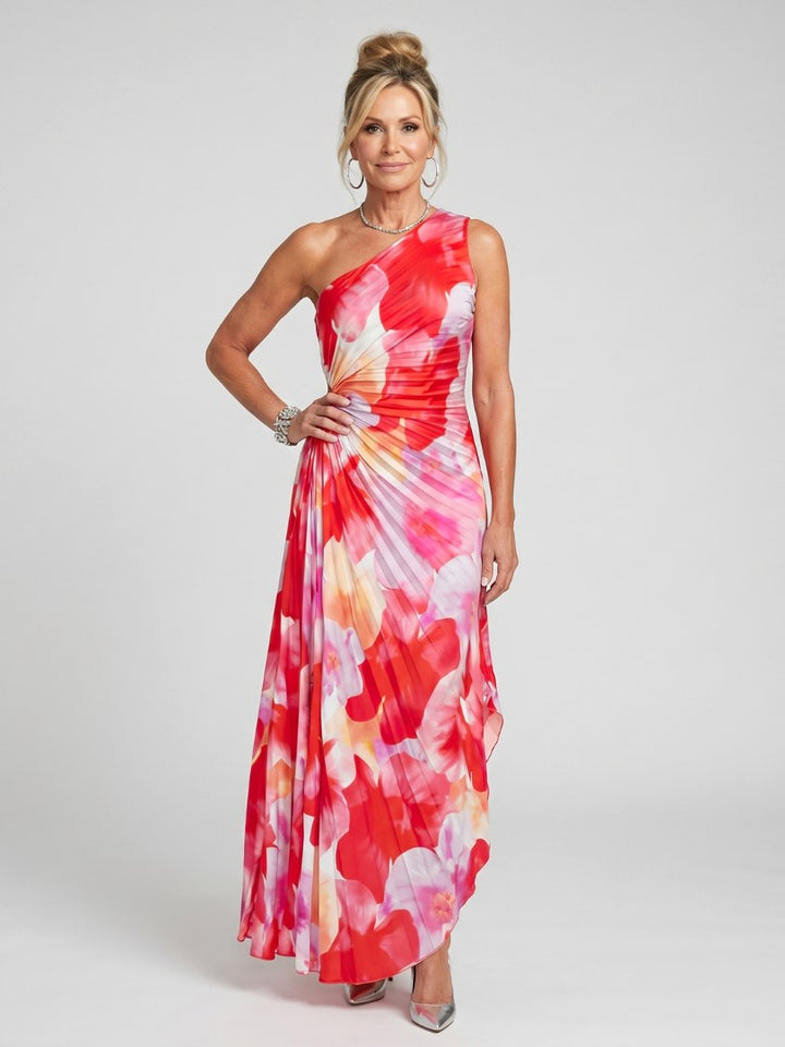 Taya | Women's One Shoulder Pleated Midi Dress - Floral
