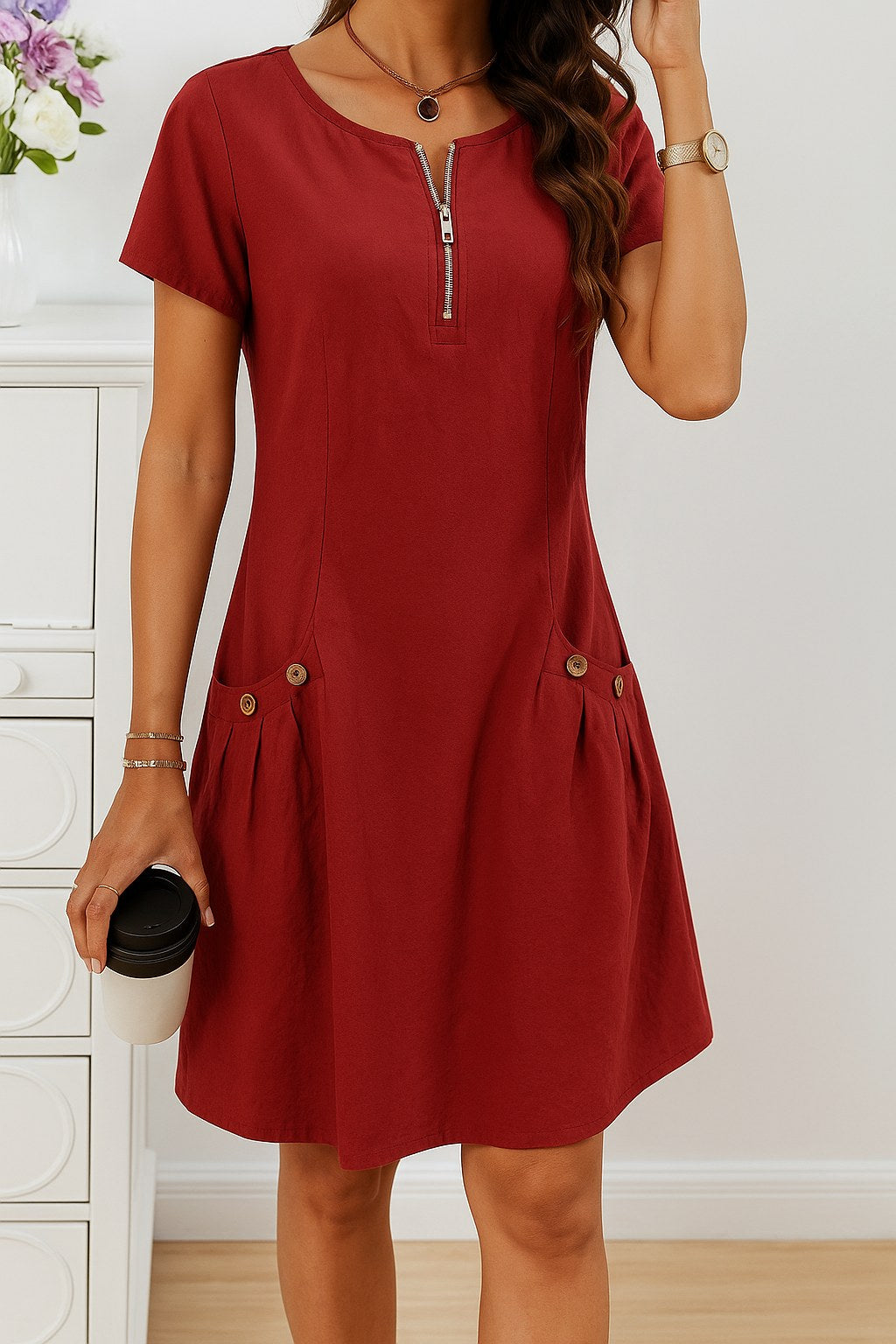 Tessa | Women's Button Detail Mini Dress with Pockets - image 5