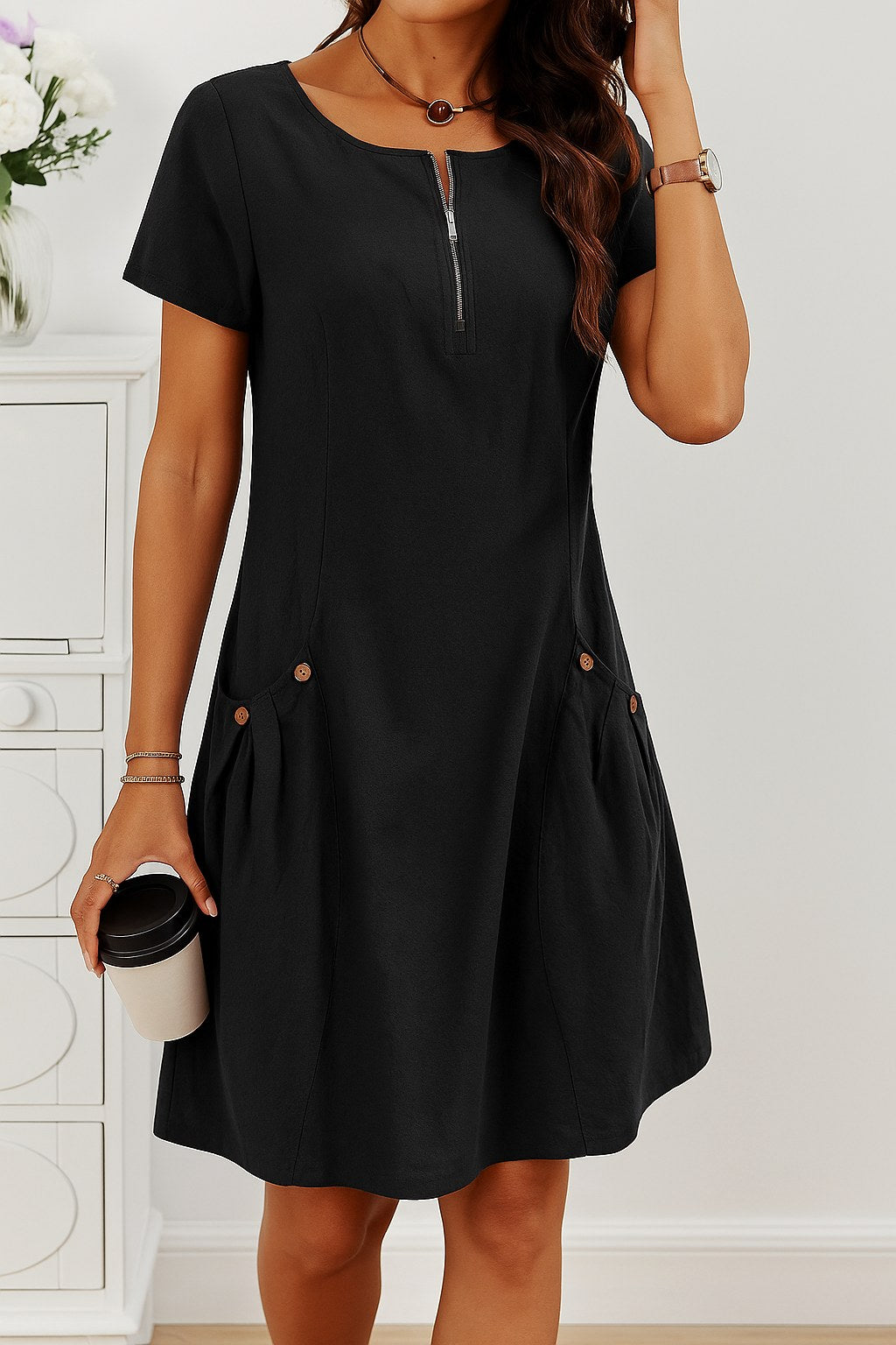 Tessa | Women's Button Detail Mini Dress with Pockets - image 6