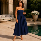 Everly | Women's Pleated Midi Dress, Strapless Occasion Dress | Animated Apparel