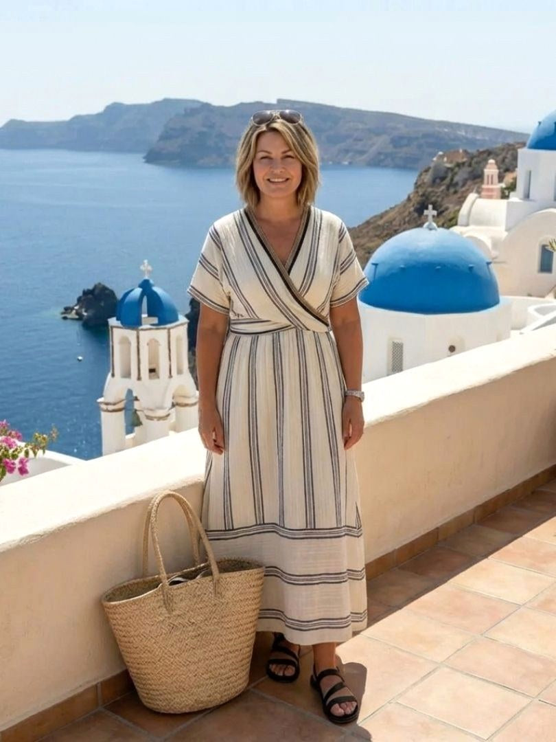 Thalassa | Women's V-Neck Short Sleeve Wrap Waist Midi Dress - image 4