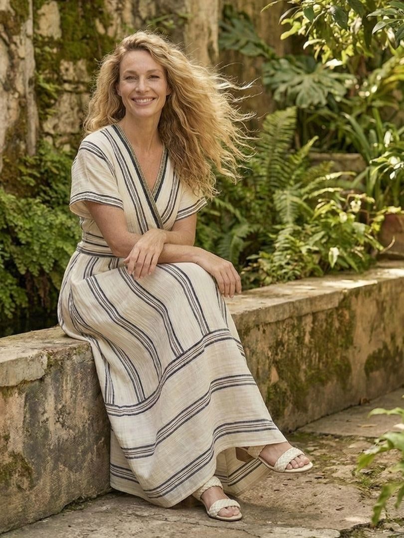Thalassa | Women's V-Neck Short Sleeve Wrap Waist Midi Dress - image 6