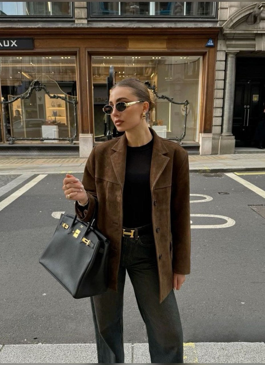 Cora | Women's Brown Suede-Effect Jacket, Button-Front Autumn Jacket | Animated Apparel | Brown