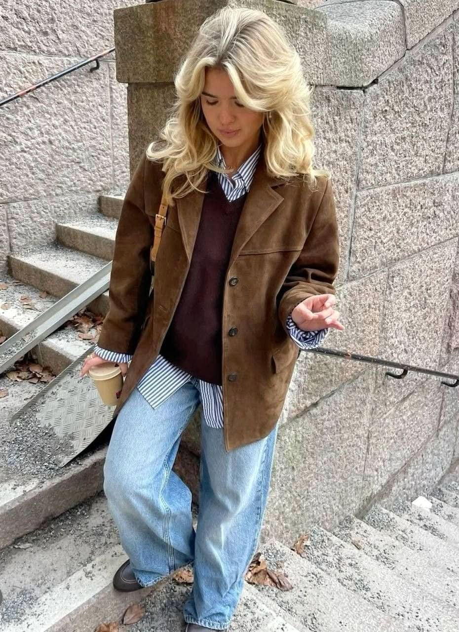 Cora | Women's Brown Suede-Effect Jacket, Button-Front Autumn Jacket | Animated Apparel