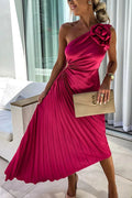Thea | Women's One Shoulder Pleated Maxi Dress - Red