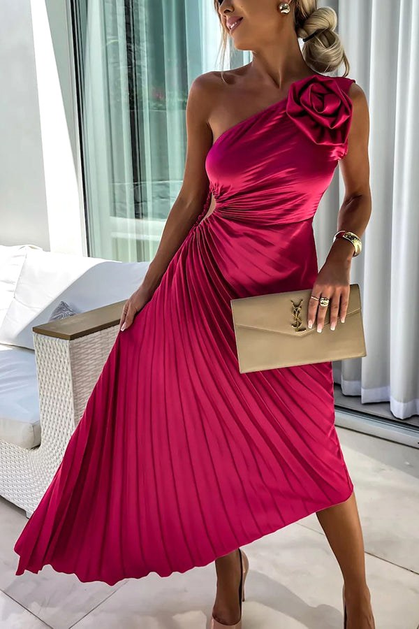 Thea | Women's One Shoulder Pleated Maxi Dress - Red