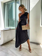 Thea | Women's One Shoulder Pleated Maxi Dress - Beige