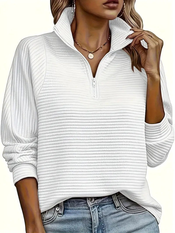 Therese | Women's Half-Zip Funnel Neck Sweater, Drop Shoulder Knit Jumper | Animated Apparel | White