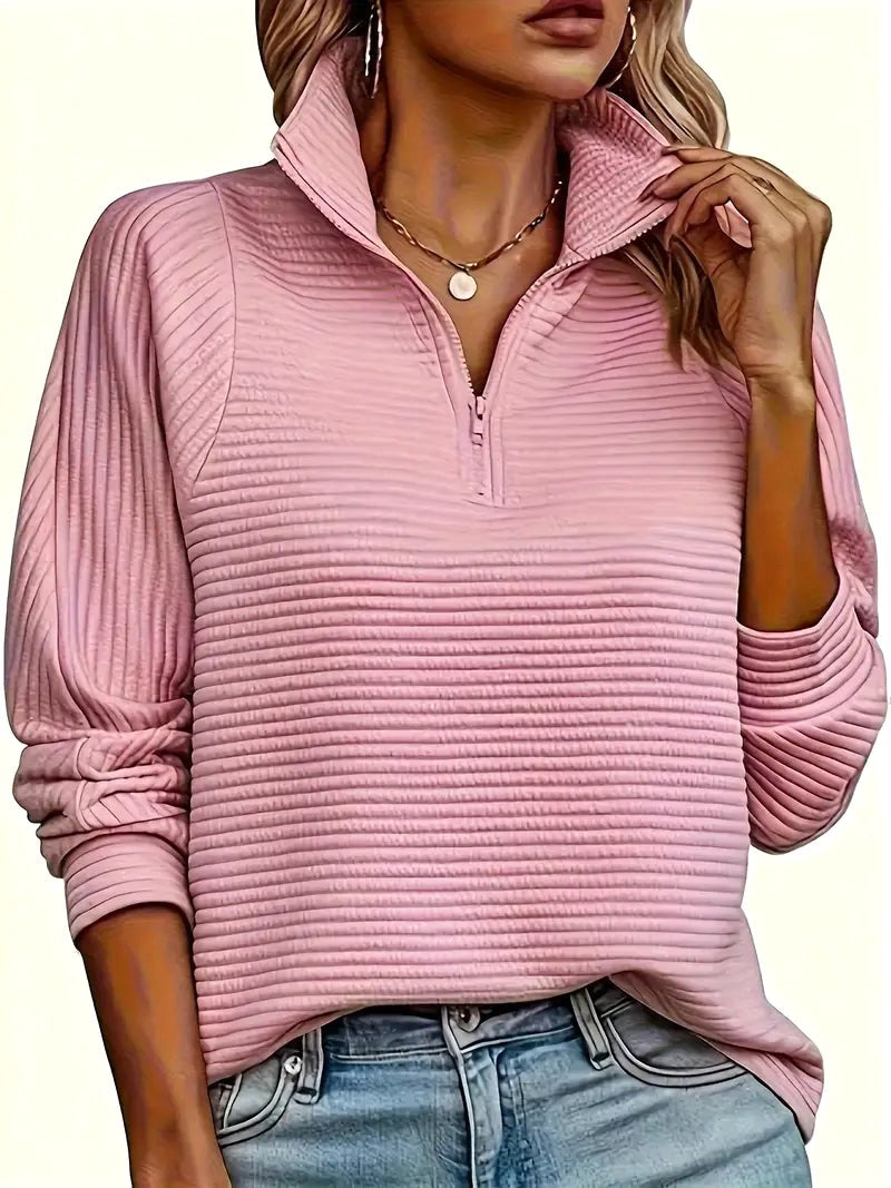 Therese | Women's Half-Zip Funnel Neck Sweater, Drop Shoulder Knit Jumper | Animated Apparel | Pink