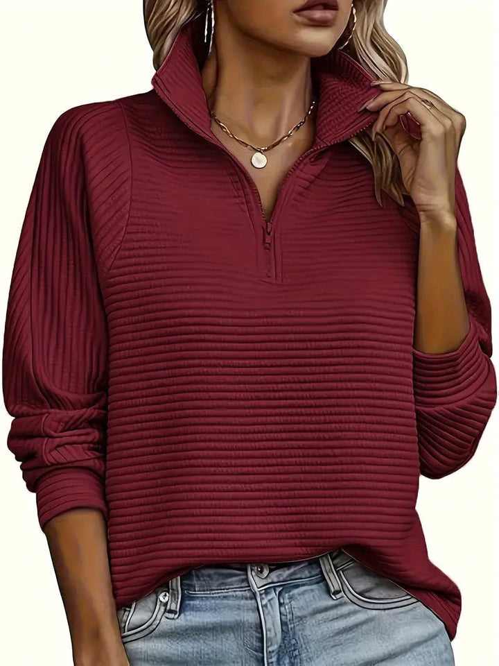 Therese | Women's Half-Zip Funnel Neck Sweater, Drop Shoulder Knit Jumper | Animated Apparel | Dark Red