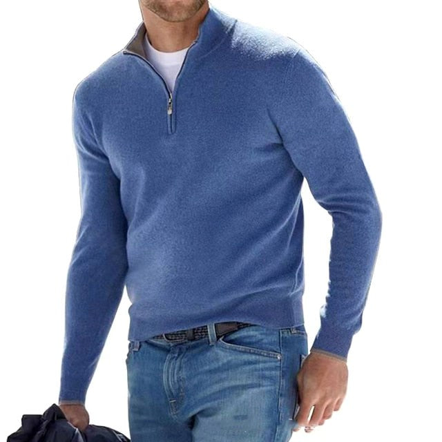Toby | Men's Quarter-Zip Knit Jumper, Stand Collar Sweater | Animated Apparel | Blue