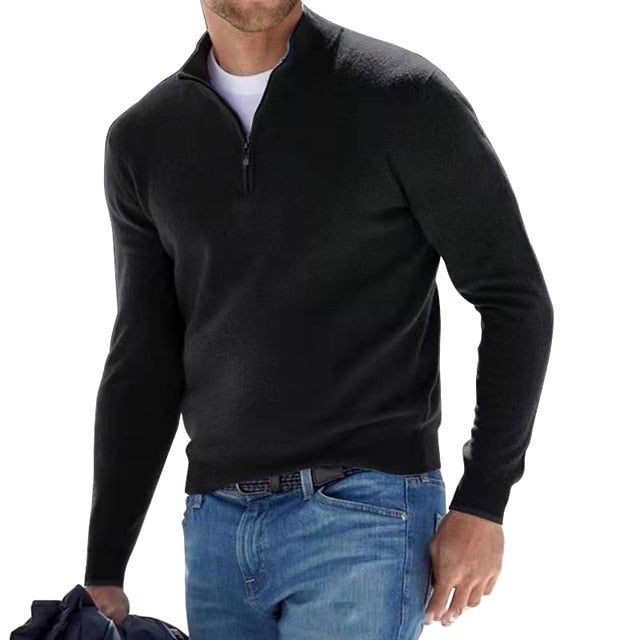 Toby | Men's Quarter-Zip Knit Jumper, Stand Collar Sweater | Animated Apparel | Black