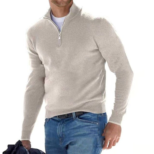 Toby | Men's Quarter-Zip Knit Jumper, Stand Collar Sweater | Animated Apparel | Beige