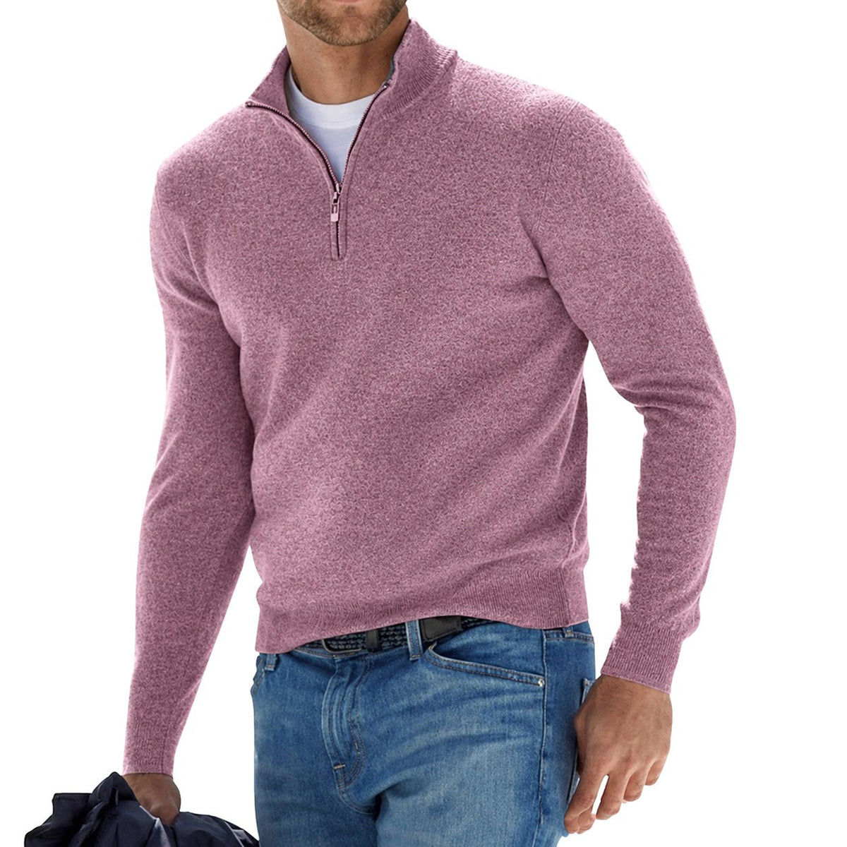 Toby | Men's Quarter-Zip Knit Jumper, Stand Collar Sweater | Animated Apparel | Pink