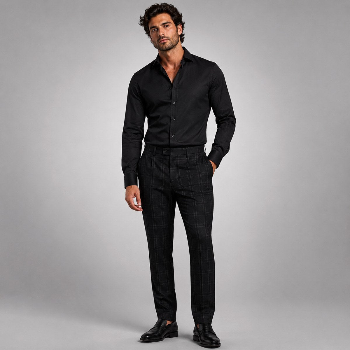 Tristan | Men's Checked Slim Fit Trousers, Smart Casual Trousers | Animated Apparel | Dark Gray