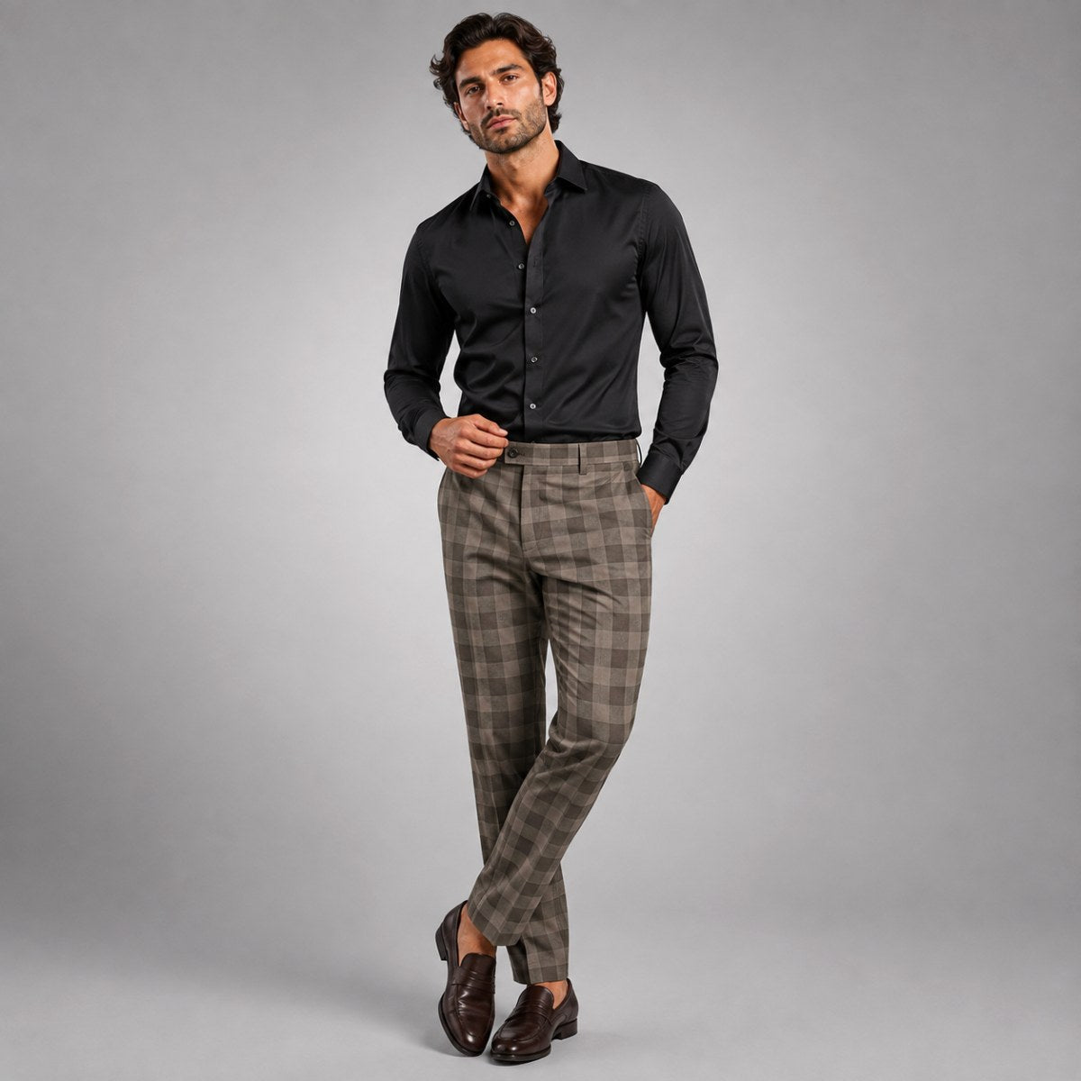 Tristan | Men's Checked Slim Fit Trousers, Smart Casual Trousers | Animated Apparel | Gray