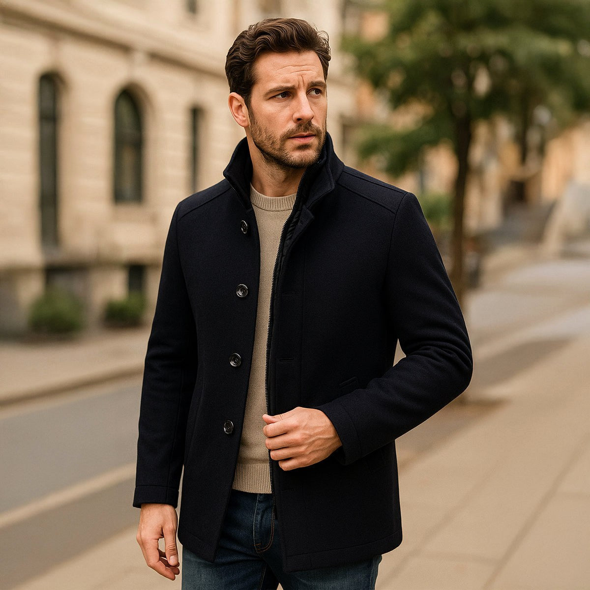 Tucker | Men's Wool Blend Tailored Trench Coat, Classic Formal Coat | Animated Apparel