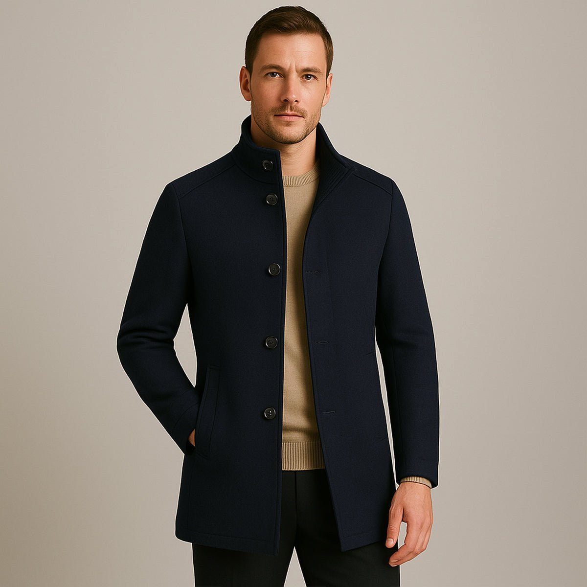 Tucker | Men's Wool Blend Tailored Trench Coat, Classic Formal Coat | Animated Apparel