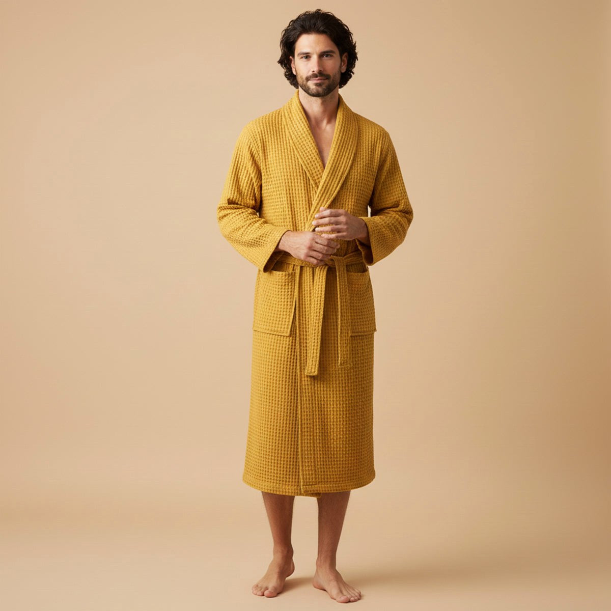 Tyler | Men's Cotton Waffle Lightweight Bathrobe, Spa Robe with Belt | Animated Apparel | Yellow