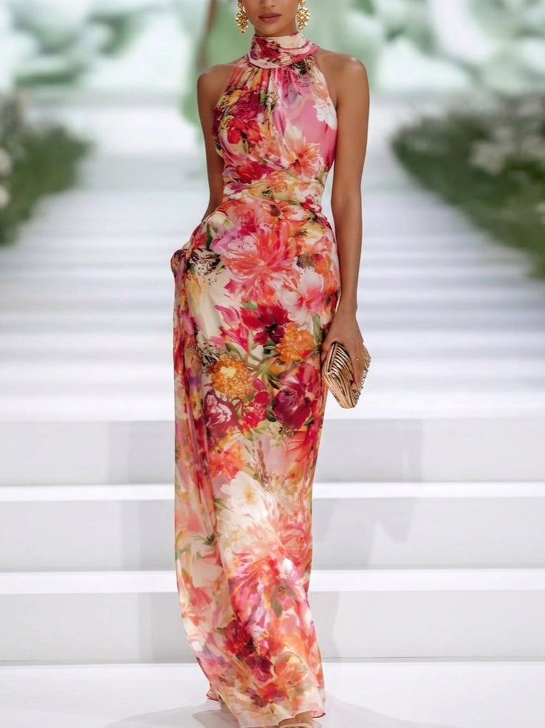 Vanessa | Women's Floral Halter Maxi Dress - Red
