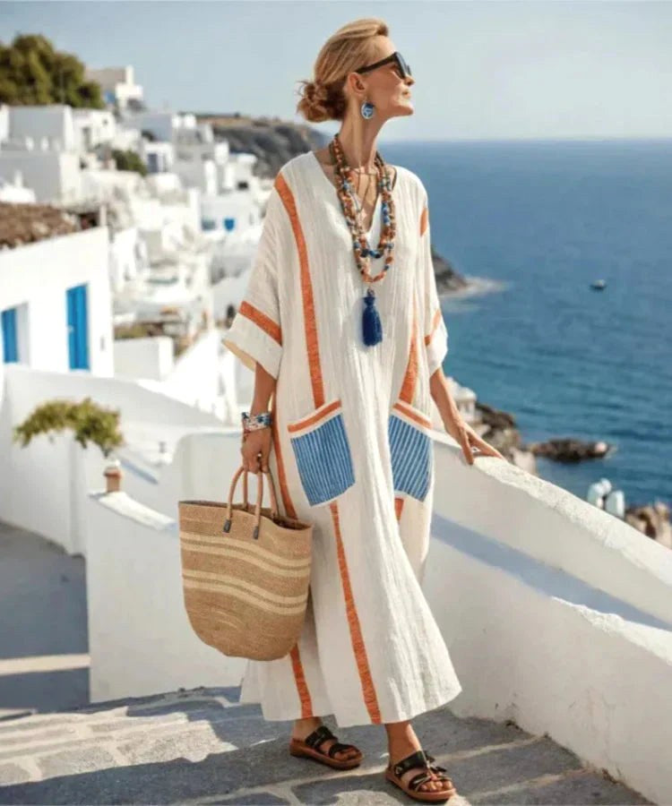 Vera | Women's Floral Maxi Dress with V-Neckline - Orange