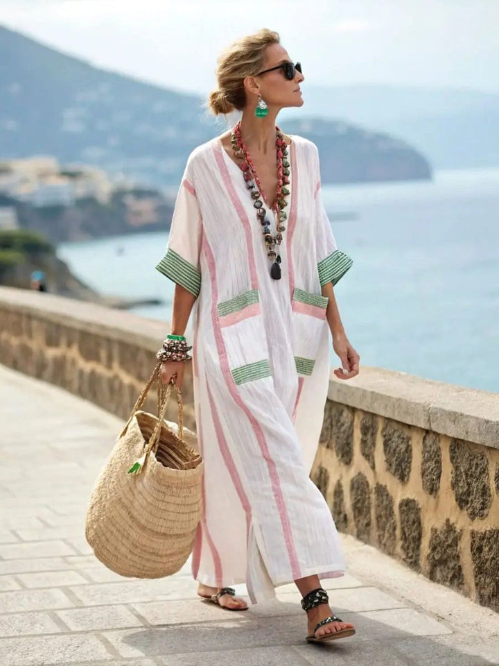Vera | Women's Floral Maxi Dress with V-Neckline - Light Pink