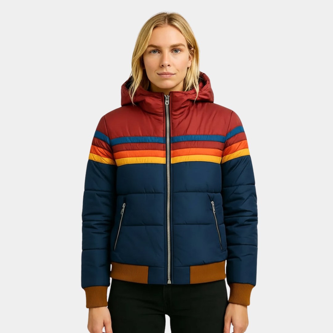 Veronique | Women's Retro Hooded Puffer Jacket, Striped Padded Autumn Coat | Animated Apparel | Navy blue