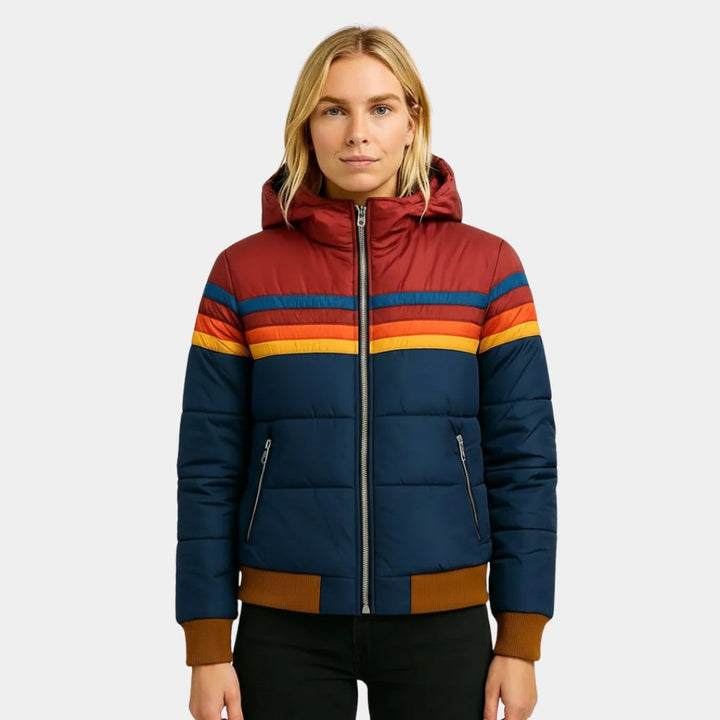 Veronique | Women's Retro Hooded Puffer Jacket, Striped Padded Autumn Coat | Animated Apparel | Navy blue