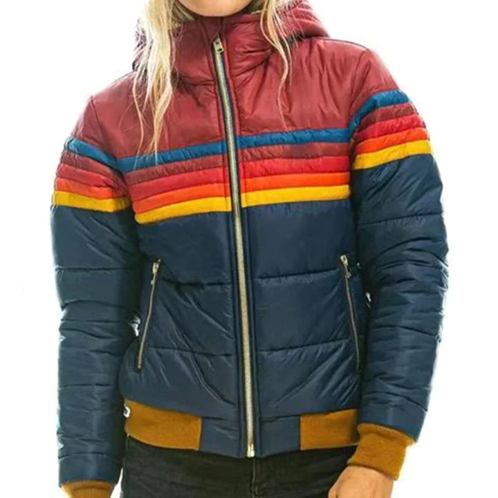 Veronique | Women's Retro Hooded Puffer Jacket, Striped Padded Autumn Coat | Animated Apparel | Black