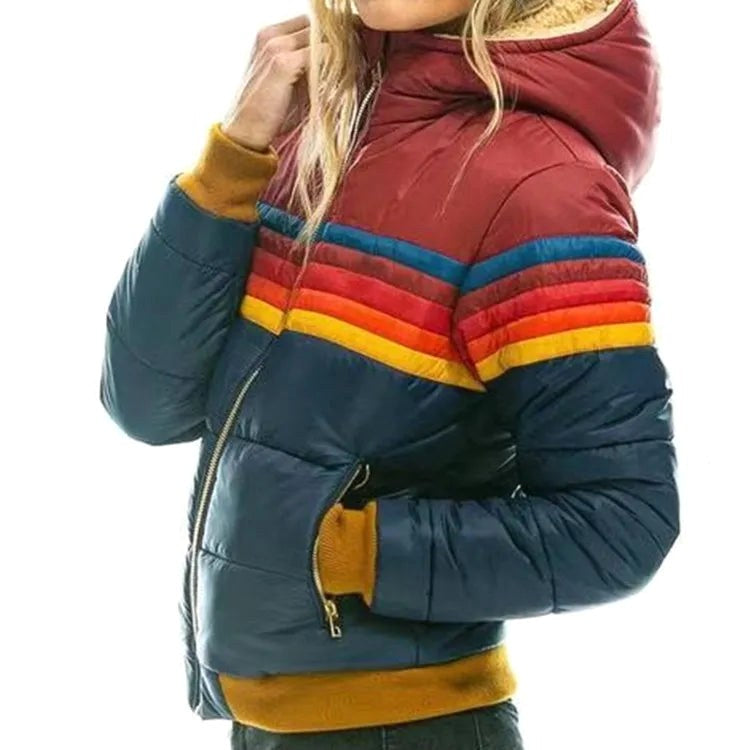 Veronique | Women's Retro Hooded Puffer Jacket, Striped Padded Autumn Coat | Animated Apparel | Turquoise