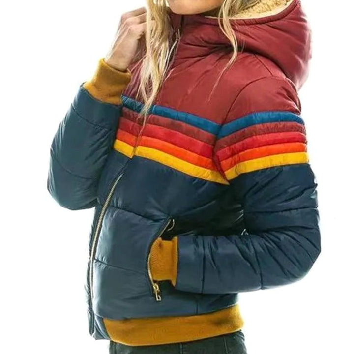 Veronique | Women's Retro Hooded Puffer Jacket, Striped Padded Autumn Coat | Animated Apparel | Turquoise